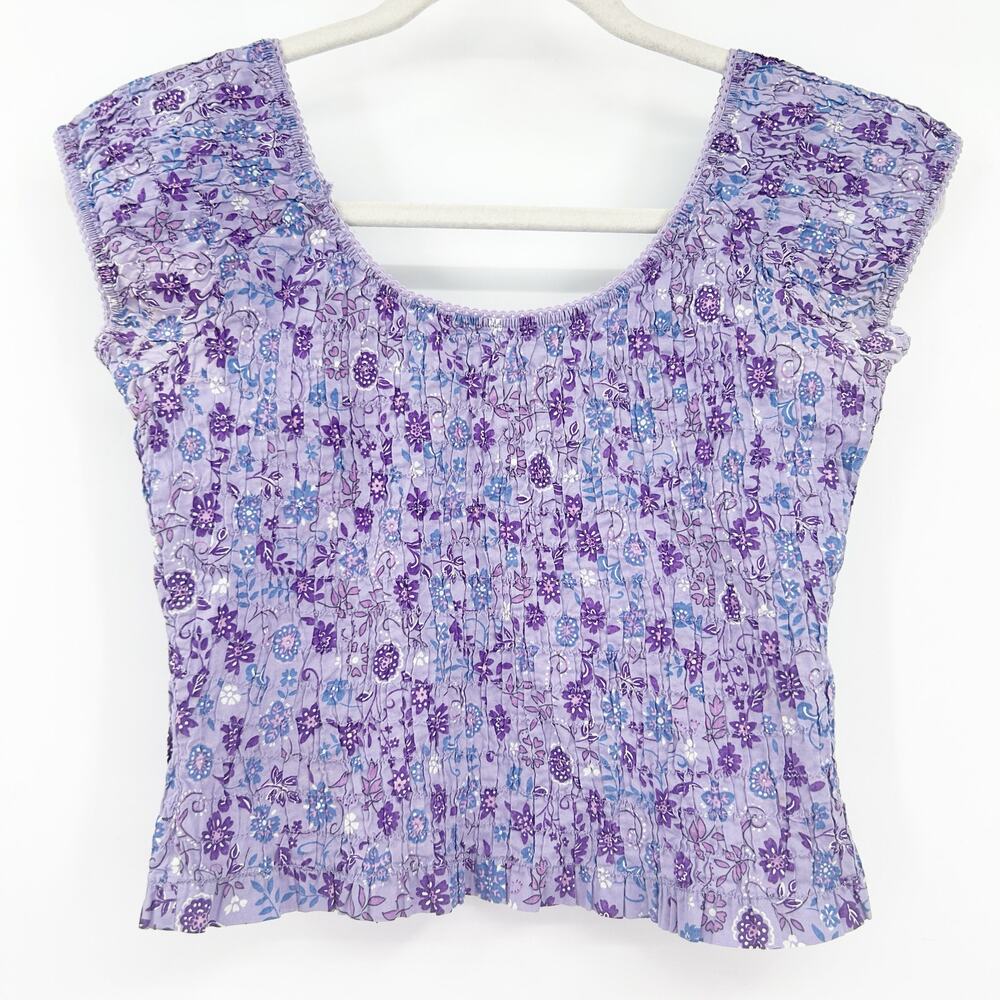 Ellemenno Womens Y2K Summer Smocked Ditsy Floral Baby Tee Crop Top Size S Purple